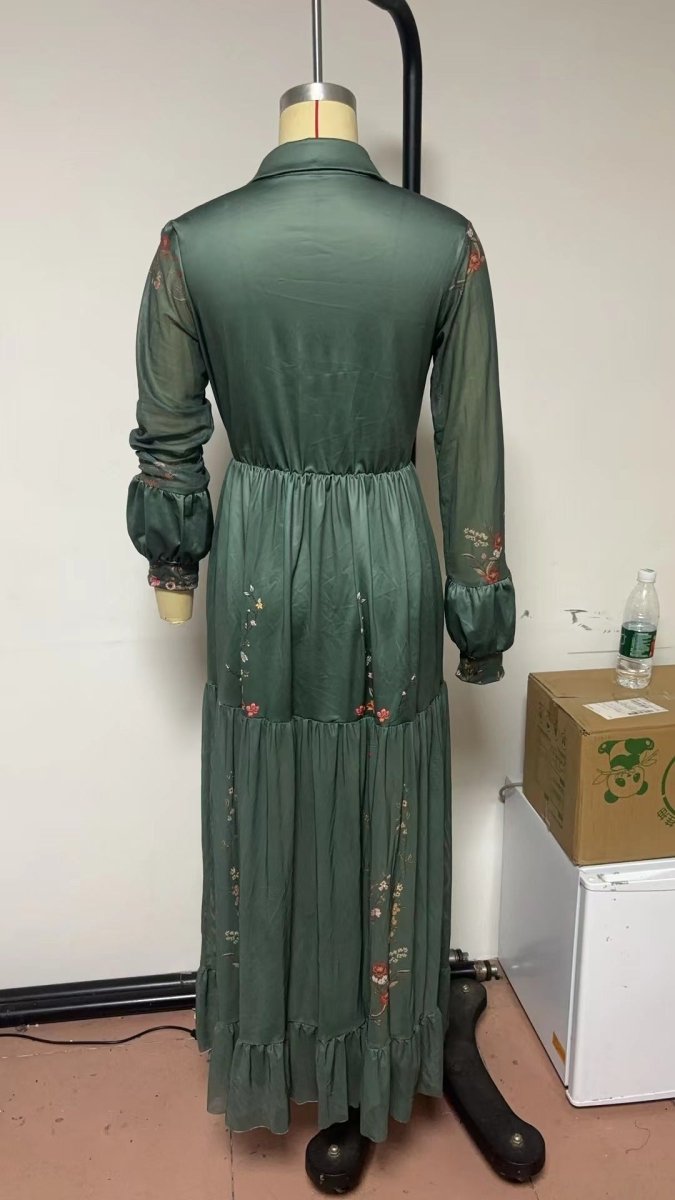 Floral Printer Shirt Dress | Elegant Collar Button - Front Gown Abaya(MA381) - Mariam's Collection