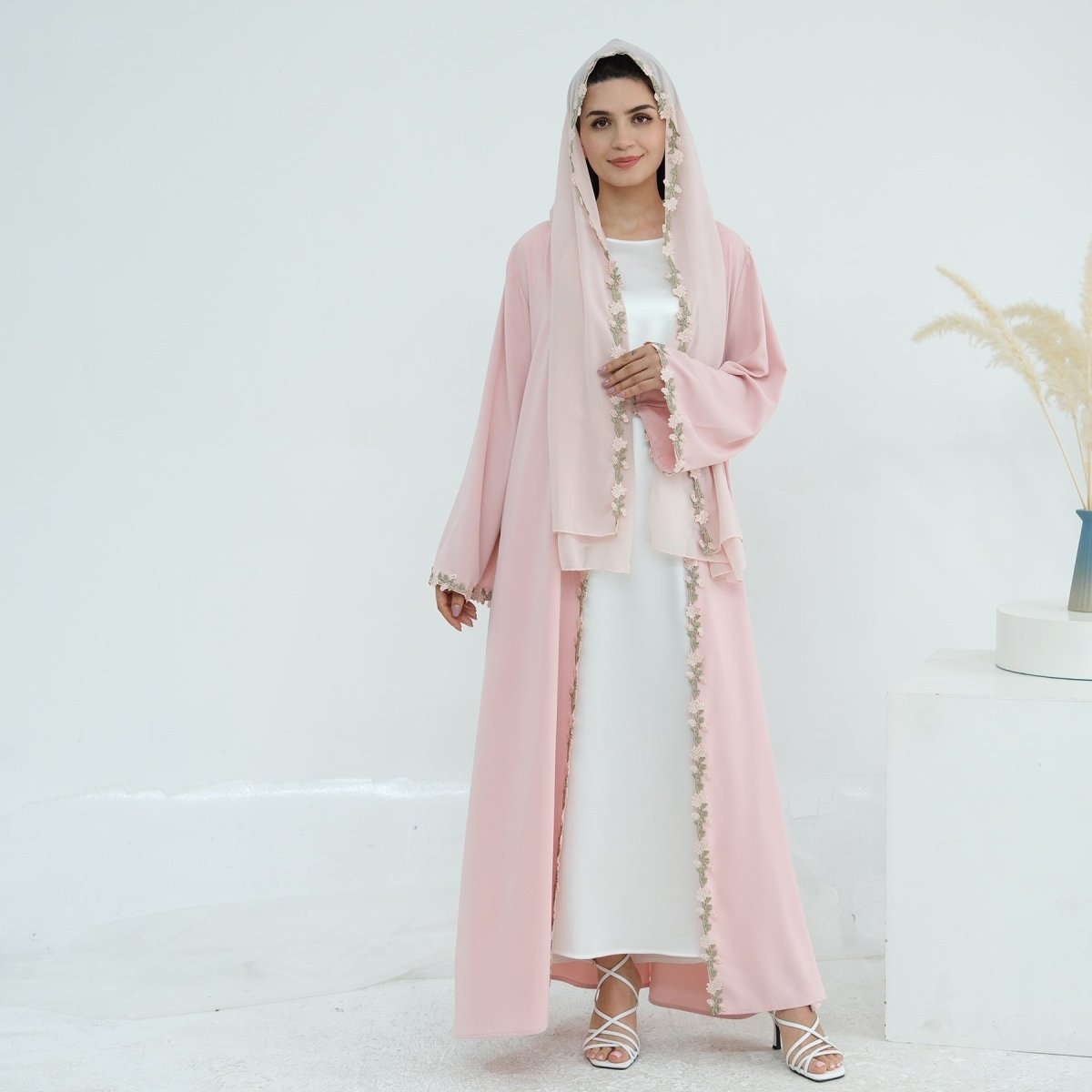 Floral Trim Abaya & Hijab Set(MOA254) - Mariam's Collection