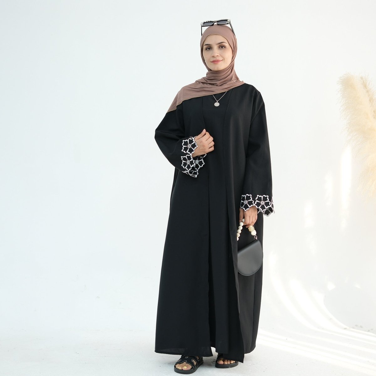 Flower Embroidery Cuff Open Abaya 2 - Piece Set (MOA108) - Mariam's Collection