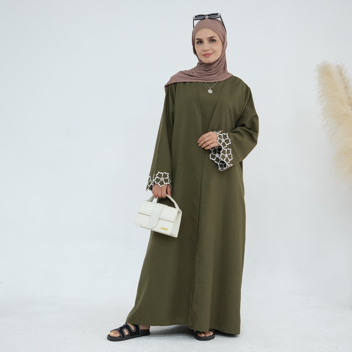 Flower Embroidery Cuff Open Abaya 2 - Piece Set (MOA108) - Mariam's Collection