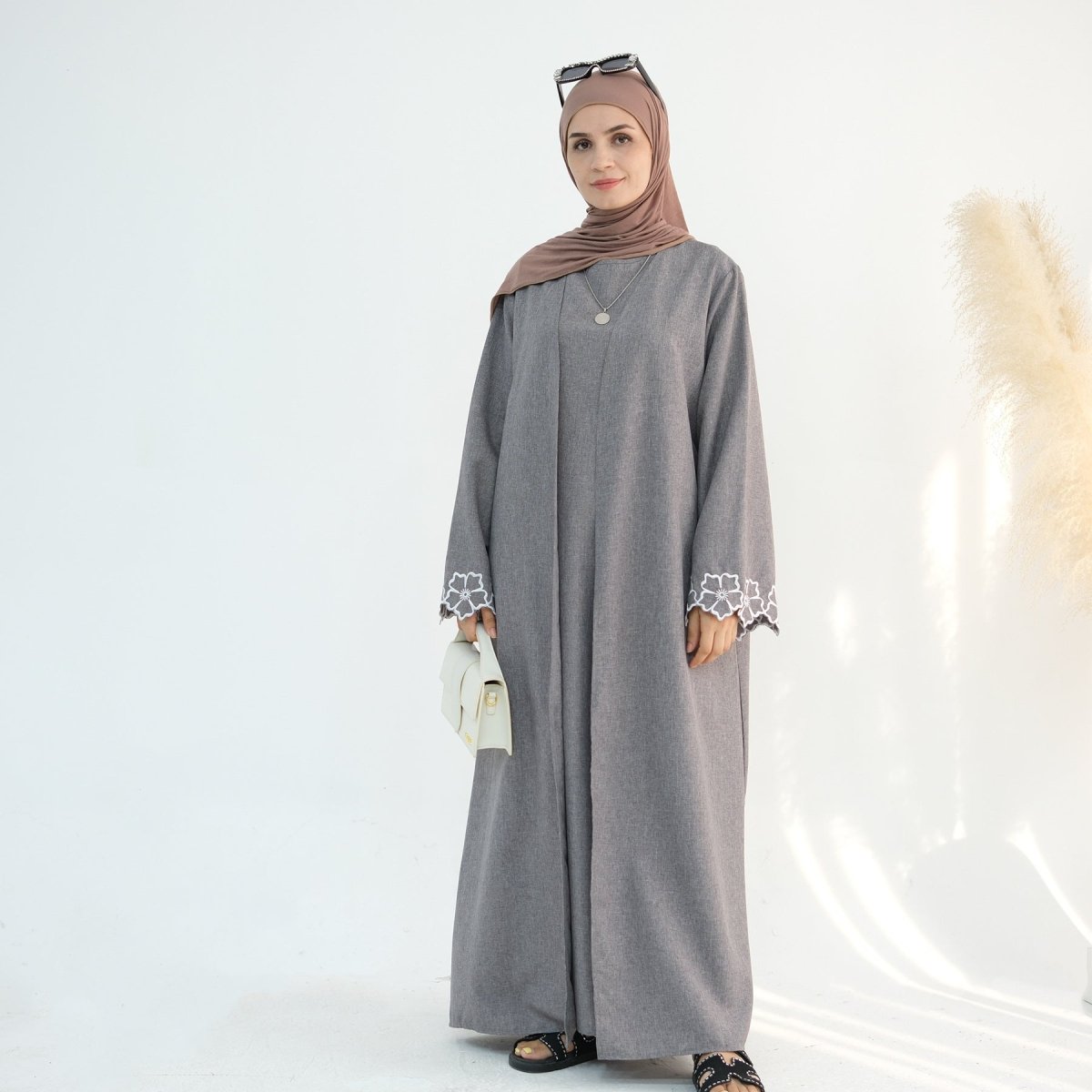 Flower Embroidery Cuff Open Abaya 2 - Piece Set (MOA108) - Mariam's Collection