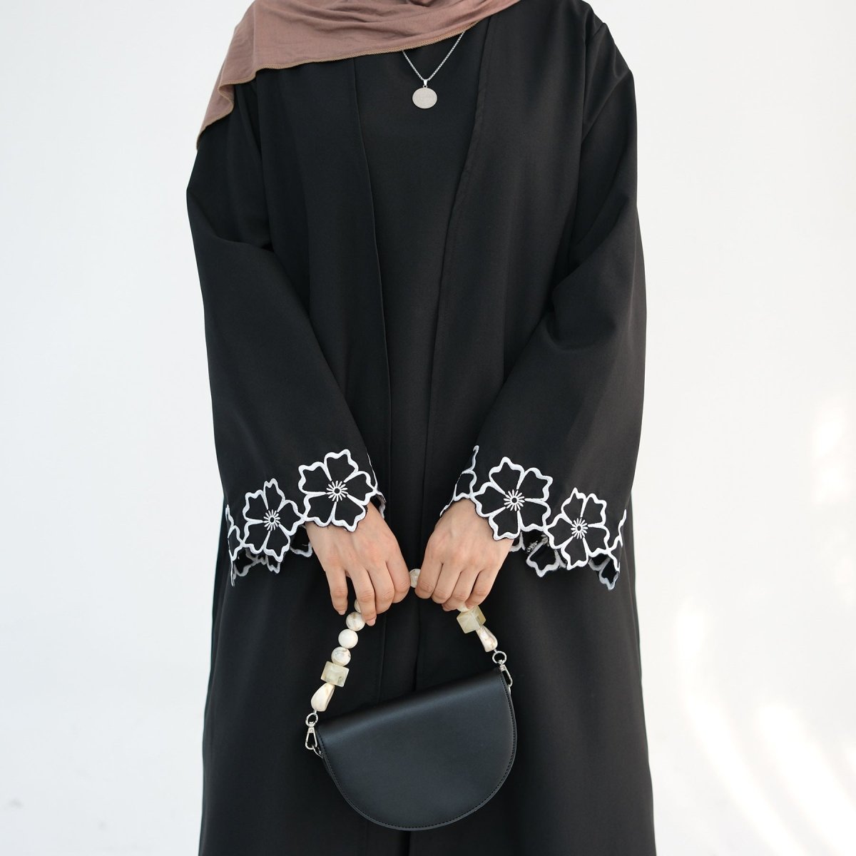 Flower Embroidery Cuff Open Abaya 2 - Piece Set (MOA108) - Mariam's Collection