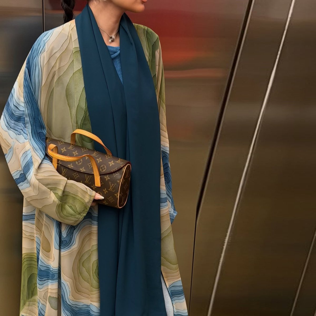 Fluid Topographic Print Open Abaya & Matching Hijab Set(MOA331) - Mariam's Collection