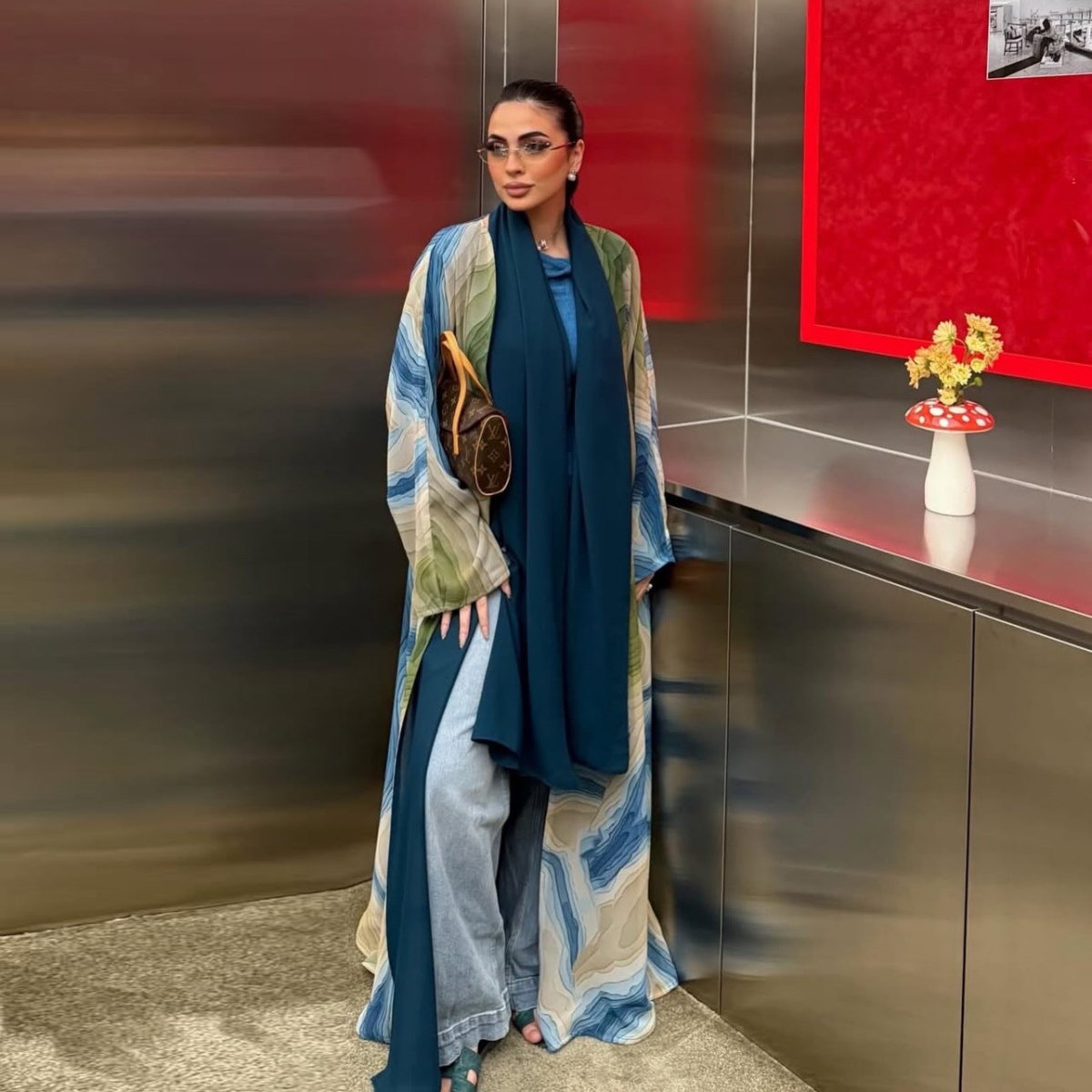 Fluid Topographic Print Open Abaya & Matching Hijab Set(MOA331) - Mariam's Collection
