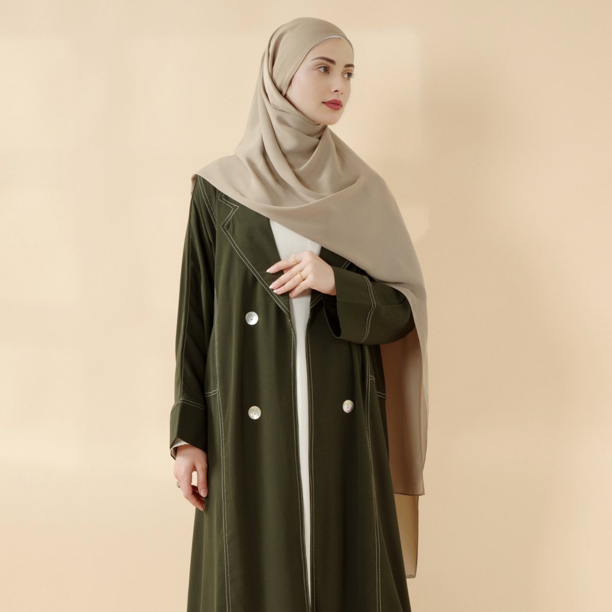 Forest Green Contrast Stitching Double - Breasted Trench Coat Thin Open Abaya (MOA122) - Mariam's Collection