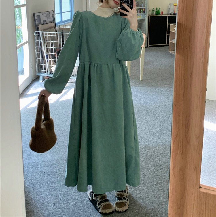 French Corduroy Lantern Sleeve Maxi Dress | Elastic Cuff Gathered Dress(MS206) - Mariam's Collection