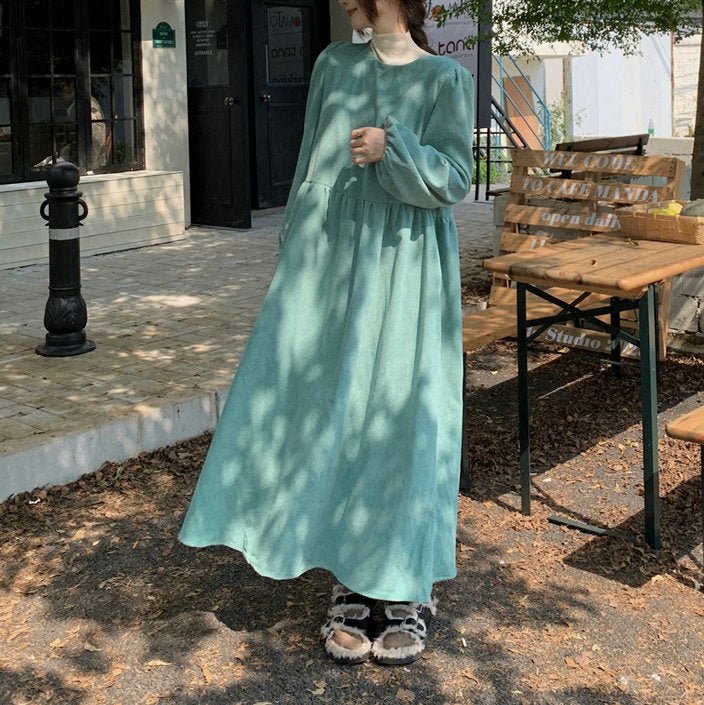 French Corduroy Lantern Sleeve Maxi Dress | Elastic Cuff Gathered Dress(MS206) - Mariam's Collection