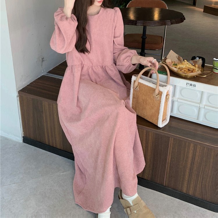 French Corduroy Lantern Sleeve Maxi Dress | Elastic Cuff Gathered Dress(MS206) - Mariam's Collection