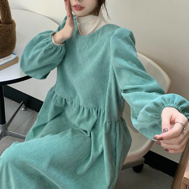 French Corduroy Lantern Sleeve Maxi Dress | Elastic Cuff Gathered Dress(MS206) - Mariam's Collection