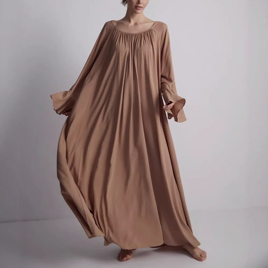 French Loungewear Maxi Dress with Ruffle Cuffs(MA397) - Mariam's Collection