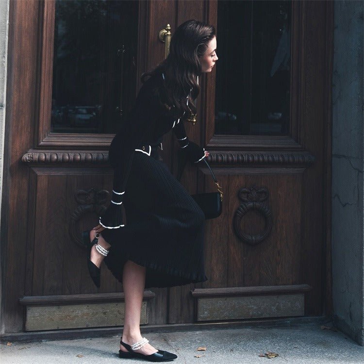 French Luxury Ruffle Trim Knit Dress | Collared Midi Sweater Dress(MS199) - Mariam's Collection