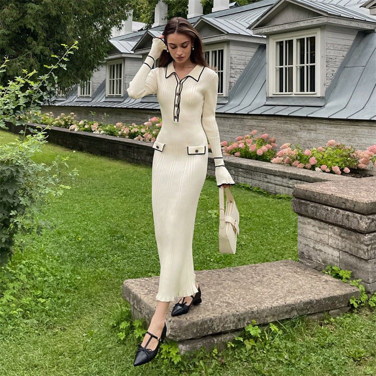 French Luxury Ruffle Trim Knit Dress | Collared Midi Sweater Dress(MS199) - Mariam's Collection