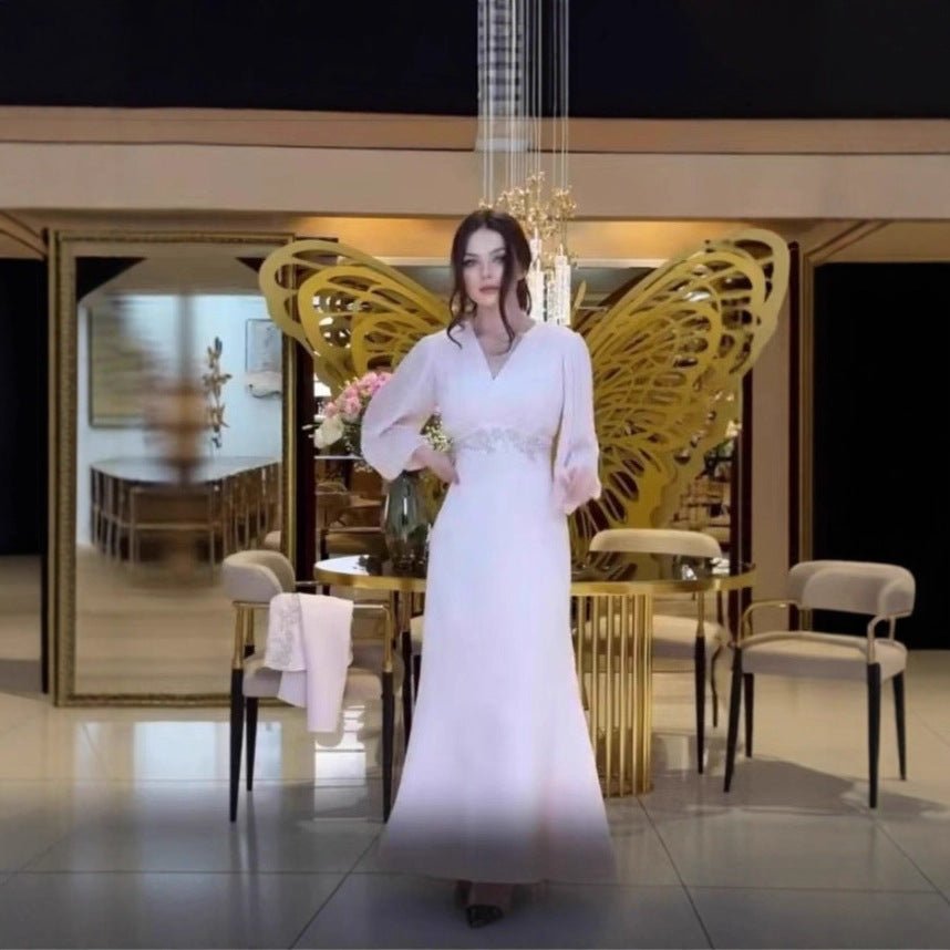 French - Style Pleated Bodice Dress with Bow - Neck(MS309) - Mariam's Collection