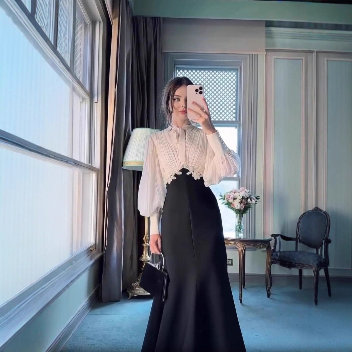 French - Style Pleated Bodice Dress with Bow - Neck(MS309) - Mariam's Collection