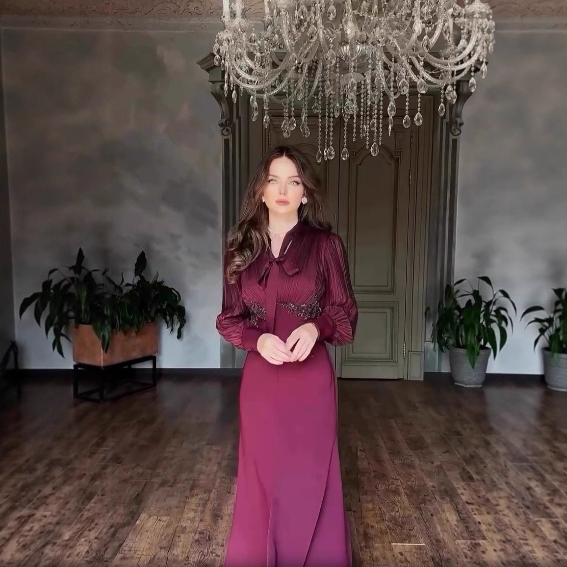 French - Style Pleated Bodice Dress with Bow - Neck(MS309) - Mariam's Collection