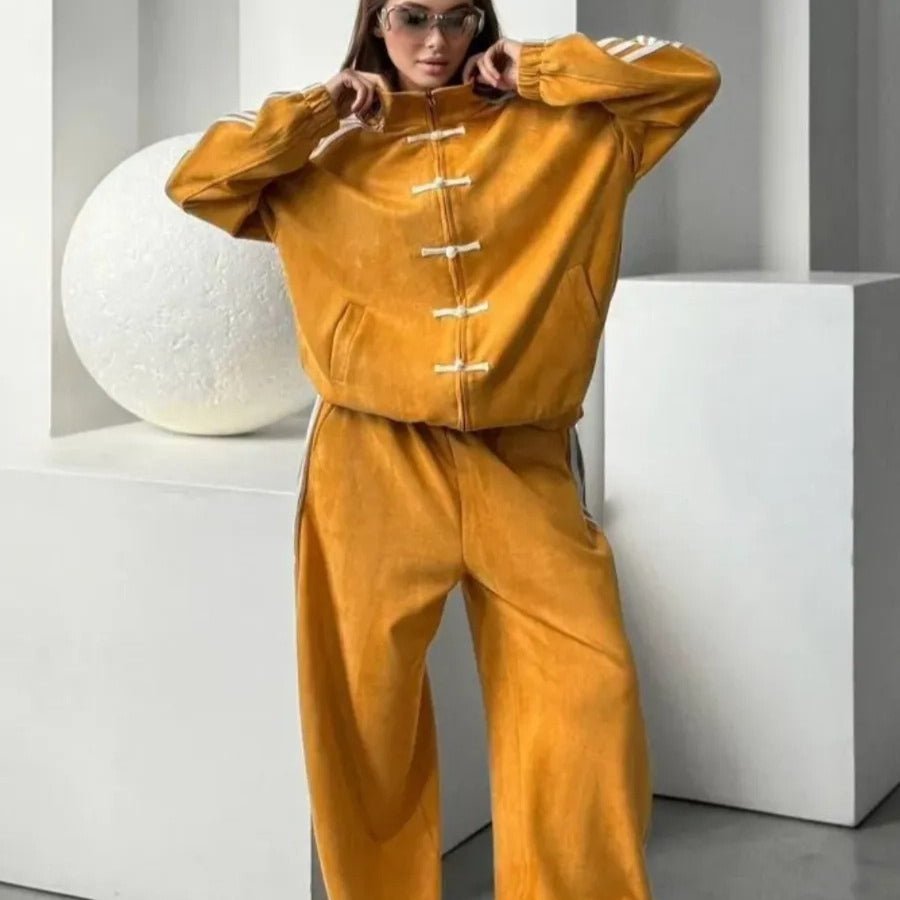 Rear view of the wide-leg track pants