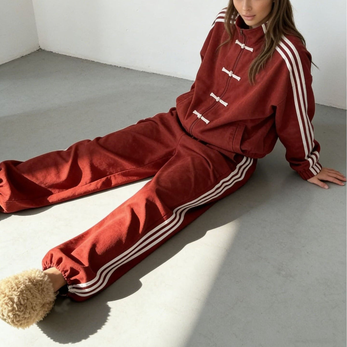 Styling the tracksuit with a crossbody bag