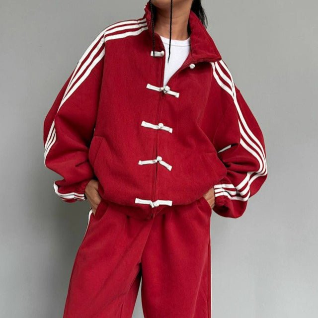 Three-quarter view of the Mandarin collar co-ord