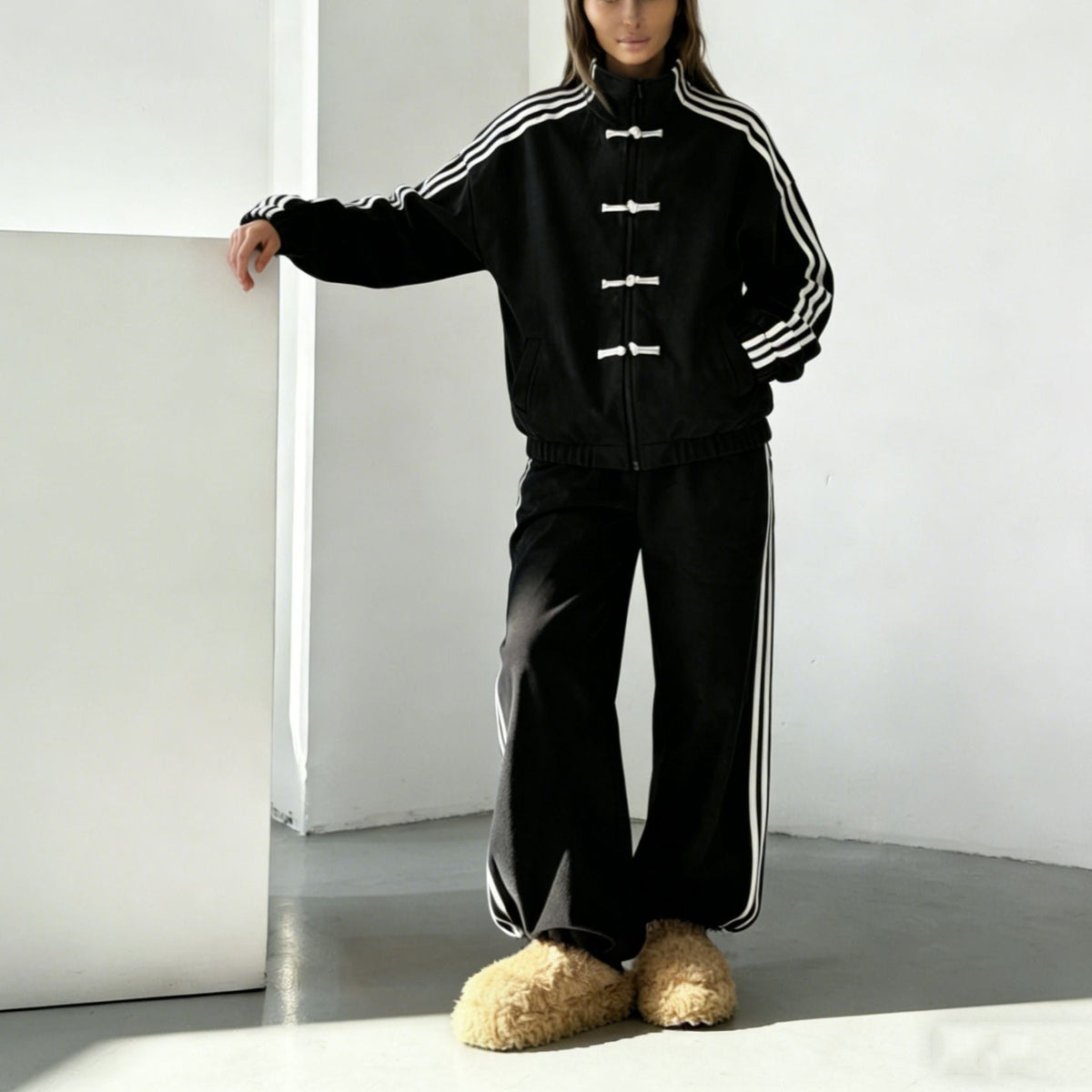 Jacket and trouser co-ord shown together