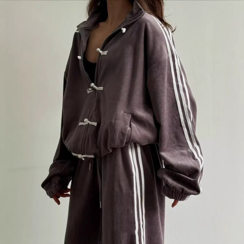 Close-up of decorative knot frog buttons on tracksuit jacket