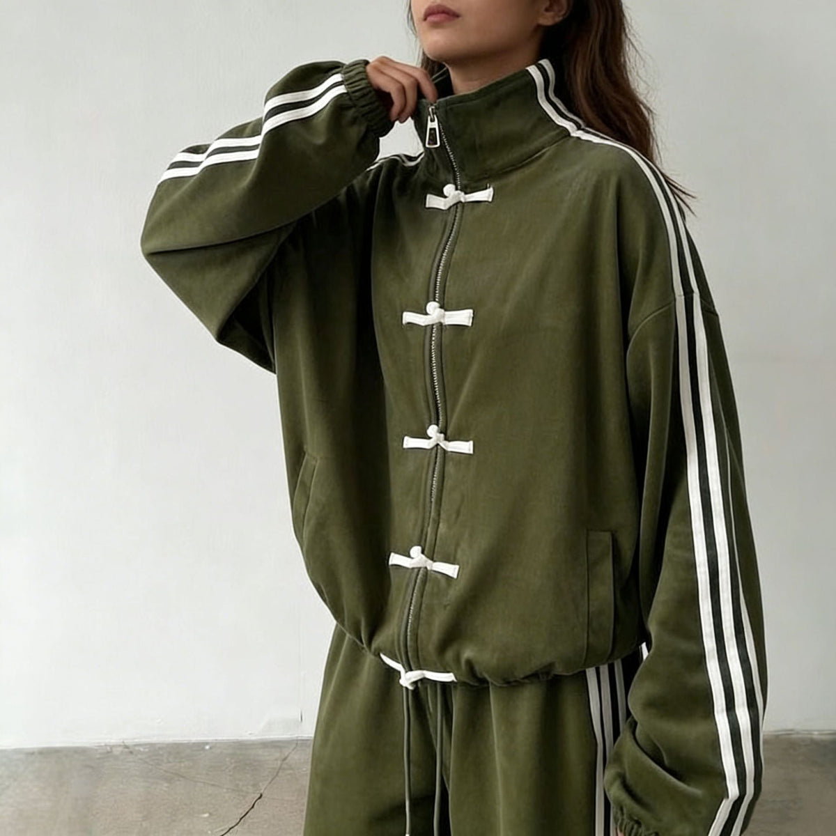 Full-length styling of the frog-button co-ord tracksuit