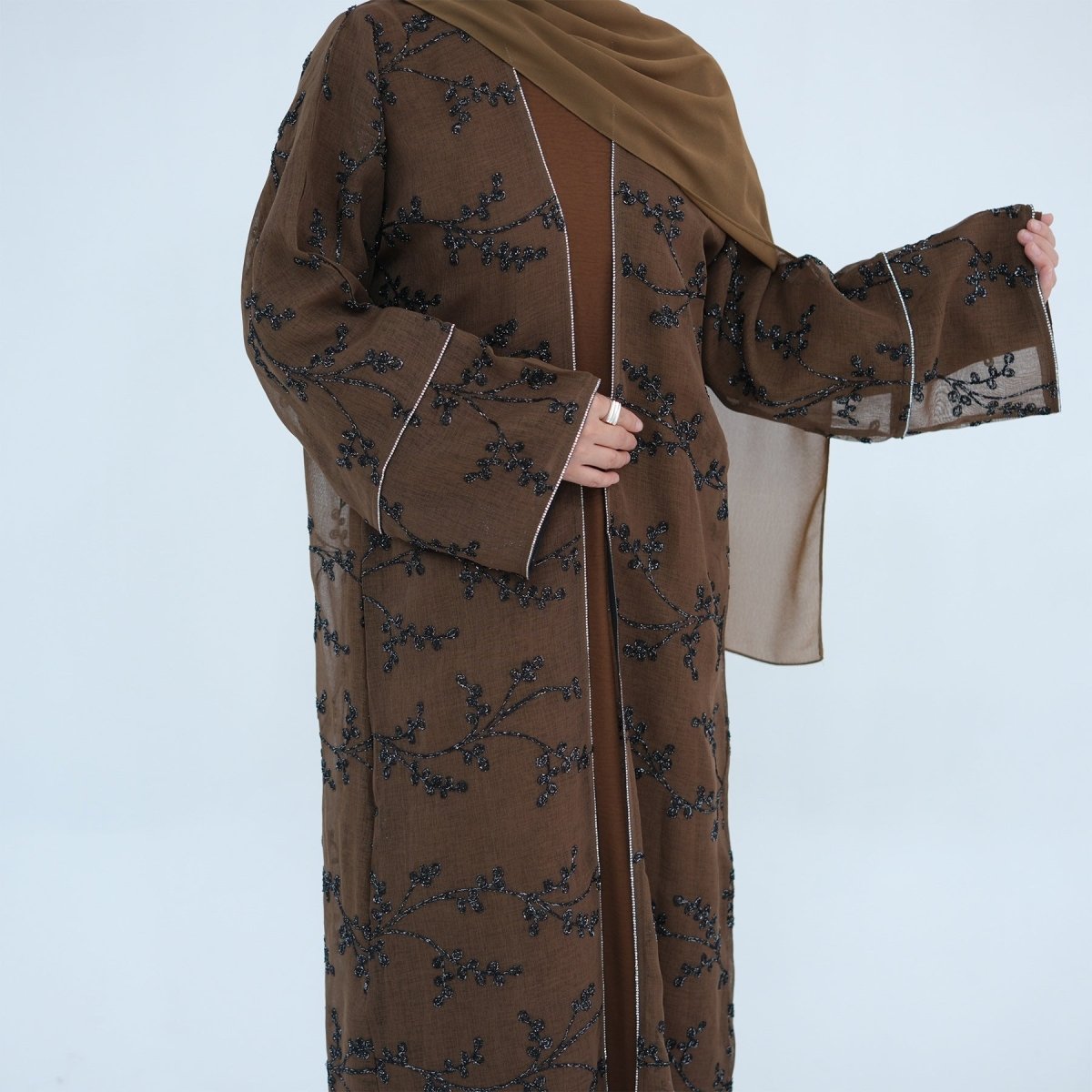 Fully Embroidered Abaya Set | Crystal Trim Vine Pattern Cardigan & Dress(MOA262) - Mariam's Collection
