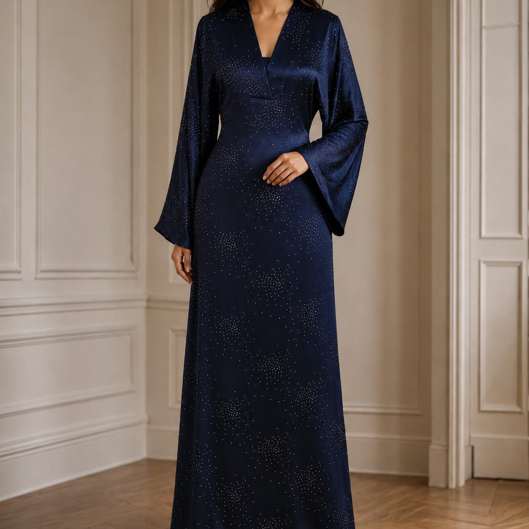Galaxy Rhinestone Maxi Dress – Flared Sleeve Evening Dress