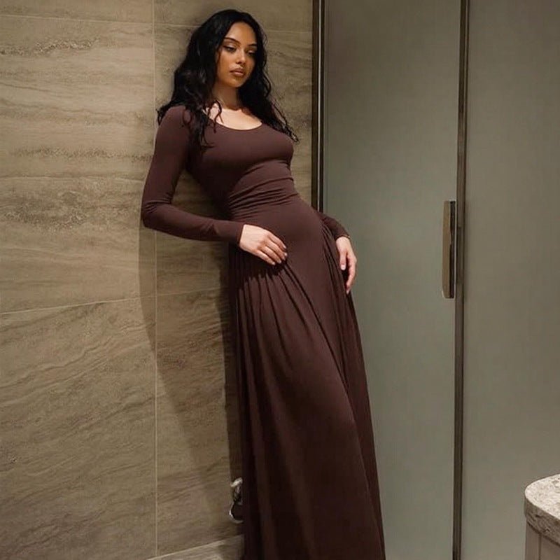 Gathered Waist Maxi Dress | U - Neck Long Sleeve Modal Dress(MS232) - Mariam's Collection