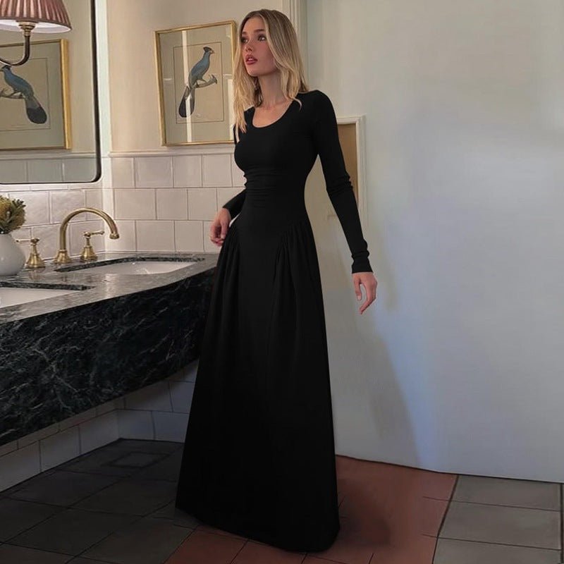 Gathered Waist Maxi Dress | U - Neck Long Sleeve Modal Dress(MS232) - Mariam's Collection