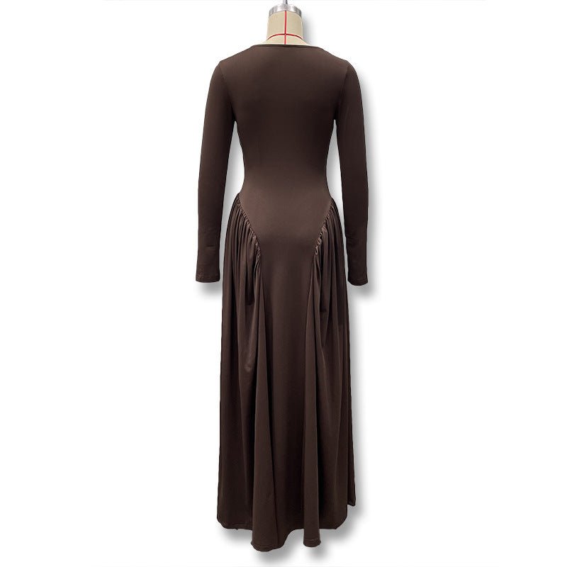 Gathered Waist Maxi Dress | U - Neck Long Sleeve Modal Dress(MS232) - Mariam's Collection
