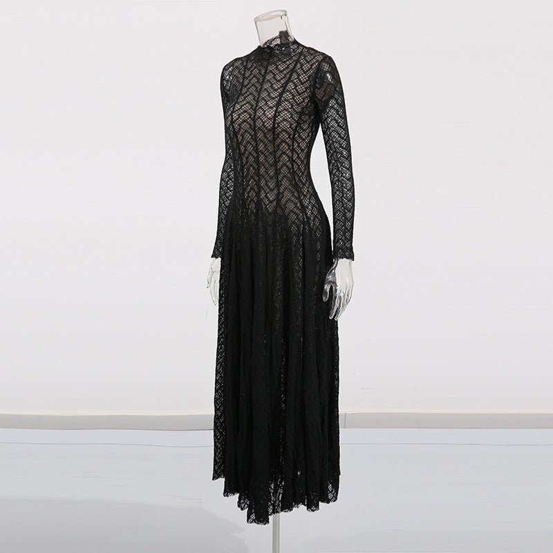 Mock neck lace maxi dress with sophisticated geometric motifs