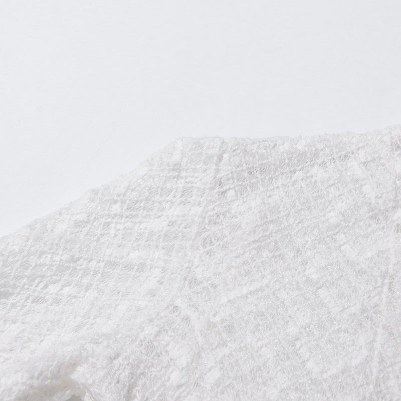 Geometric lace mock neck gown with modest coverage and refined fit