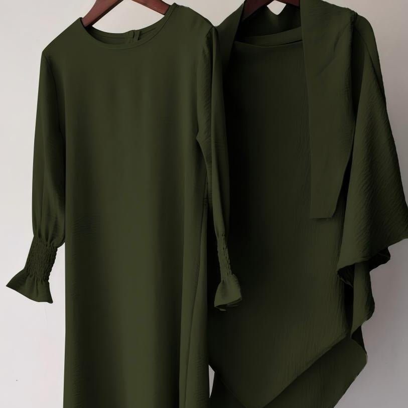 Girls Crinkle Fabric Pullover Abaya & Matching Hijab Two-Piece Set(MKG032) - Mariam's Collection