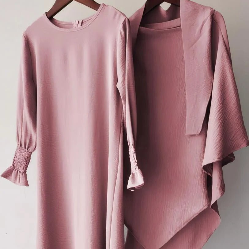 Girls Crinkle Fabric Pullover Abaya & Matching Hijab Two-Piece Set(MKG032) - Mariam's Collection