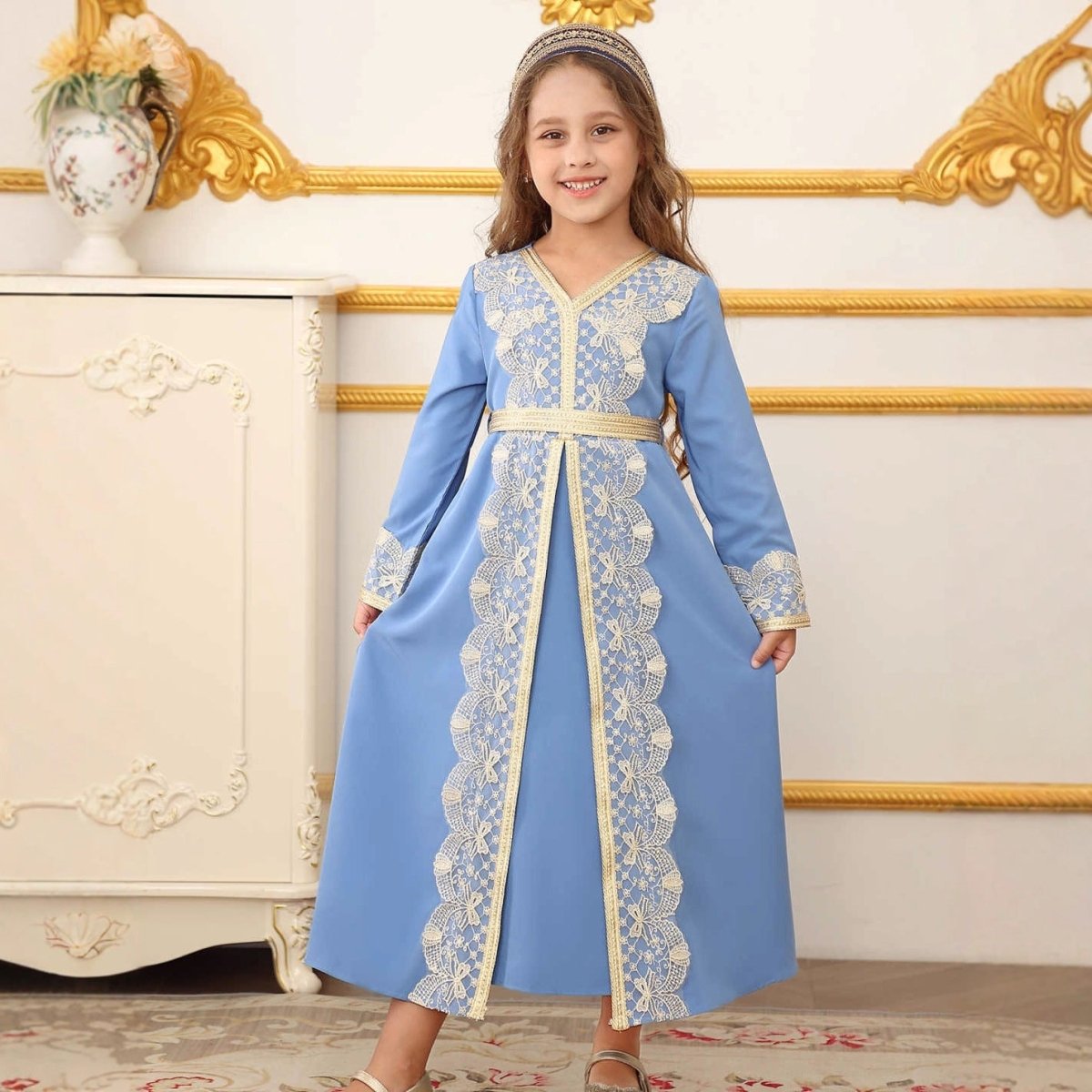 Girls Lace Trim Kaftan Dress | Elegant Kids Formal Abaya(MKG018) - Mariam's Collection