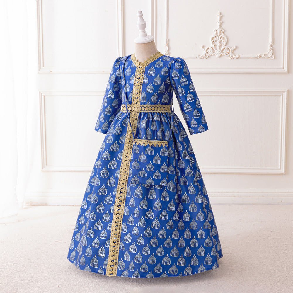 Girls Royal Blue Printed Kaftan Dress(MKG023) - Mariam's Collection