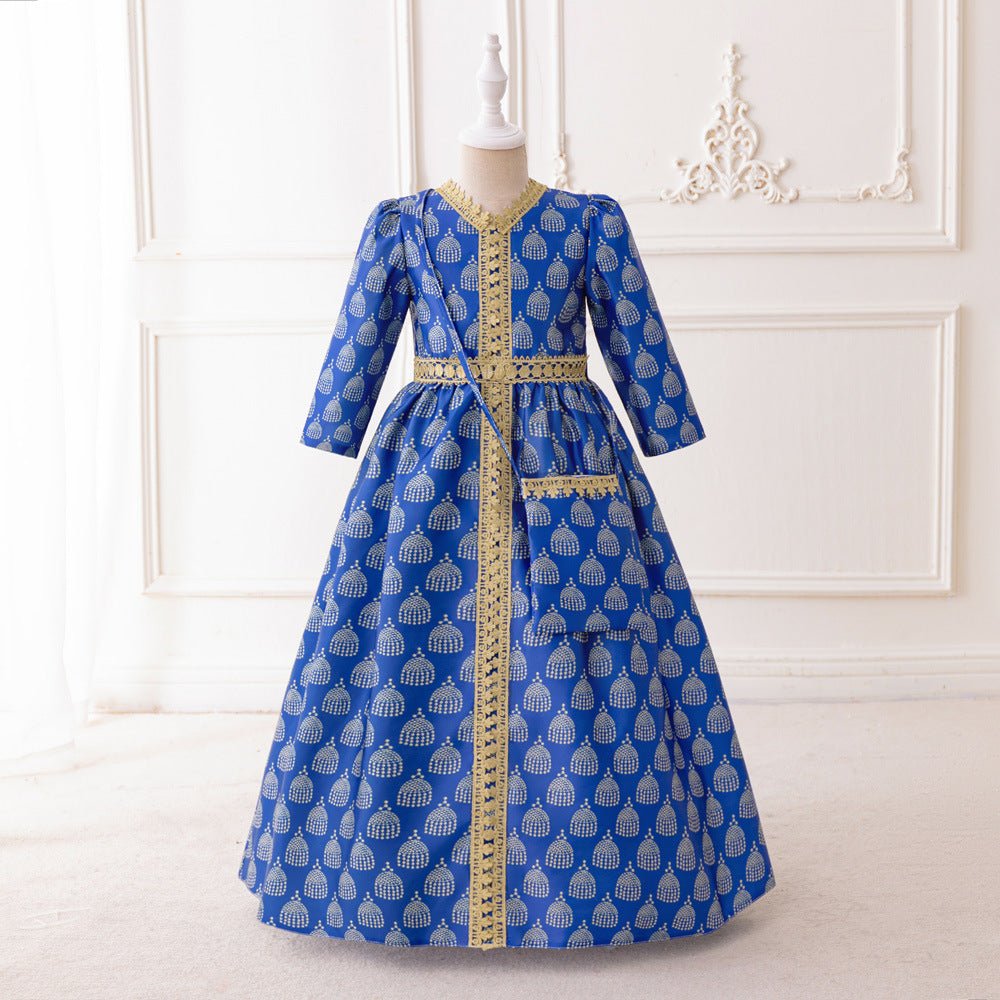 Girls Royal Blue Printed Kaftan Dress(MKG023) - Mariam's Collection