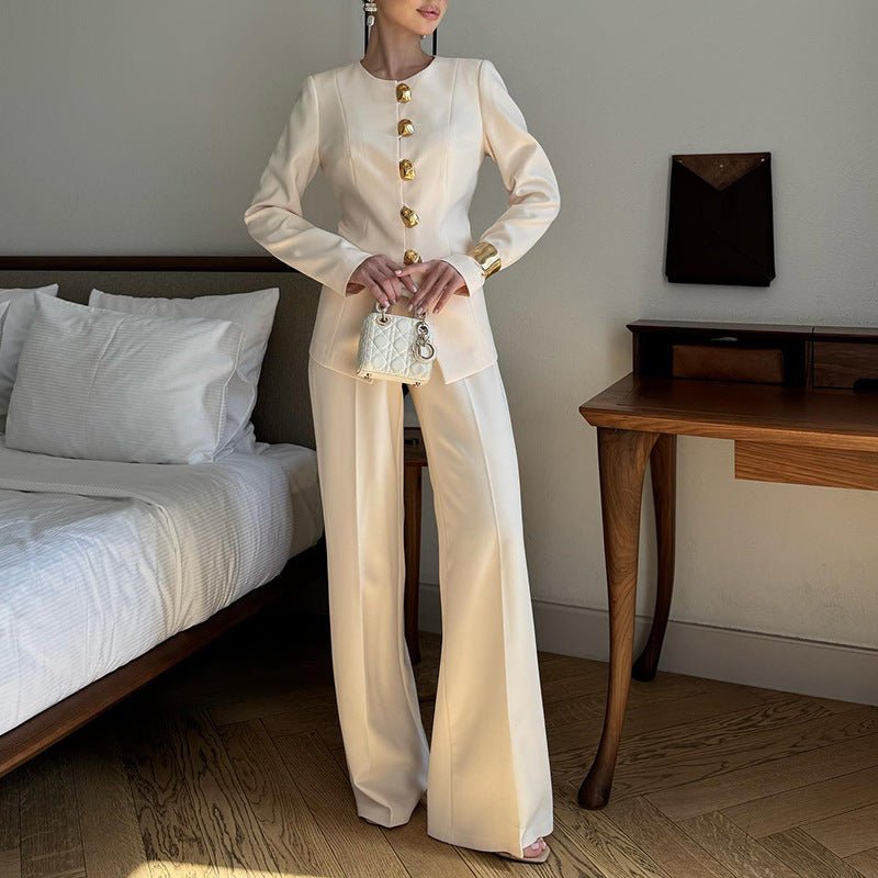 Gold Button Blazer & Straight Leg Pants Set — Modest Tailored Two-Piece