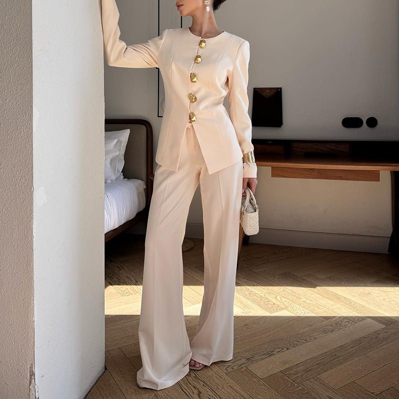 Gold Button Blazer & Straight Leg Pants Set — Modest Tailored Two-Piece