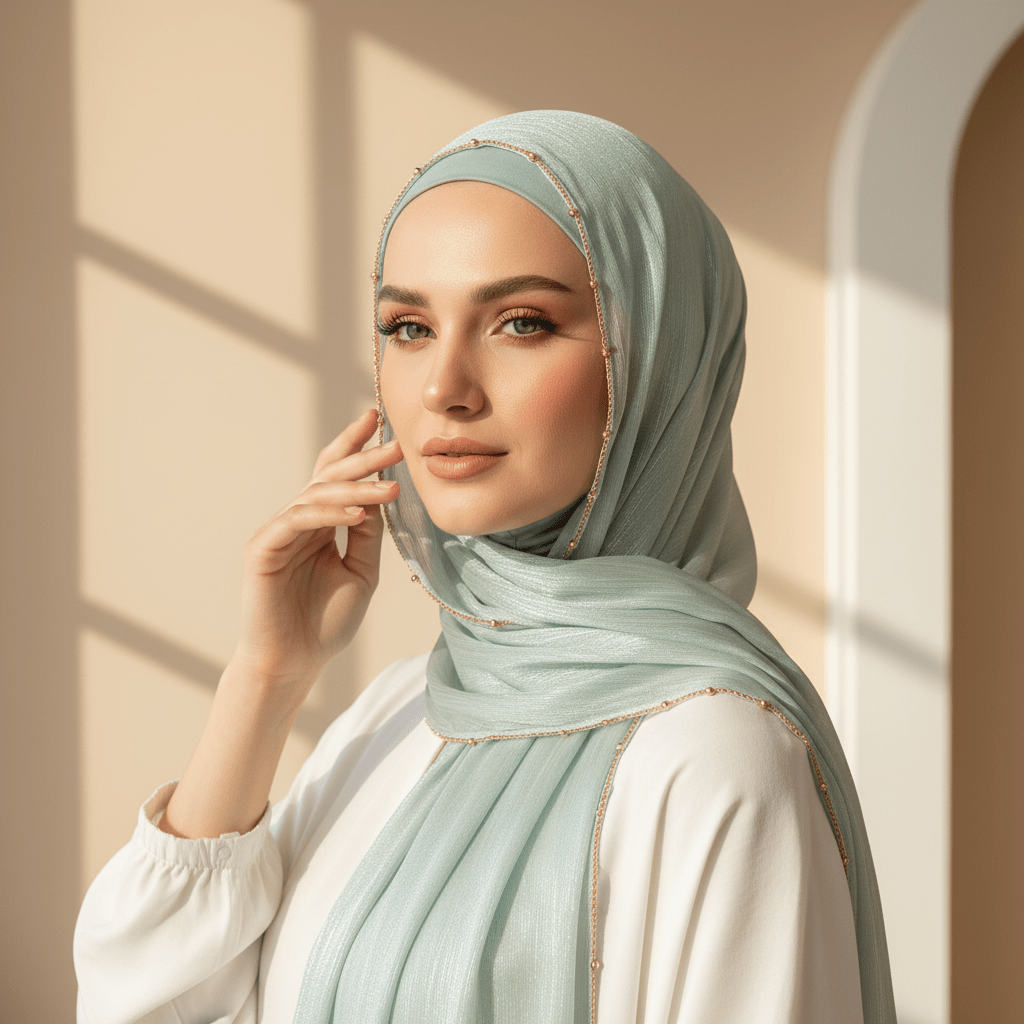 Gold Chain Beaded Edge Crinkle Satin Hijab(MH238) - Mariam's Collection