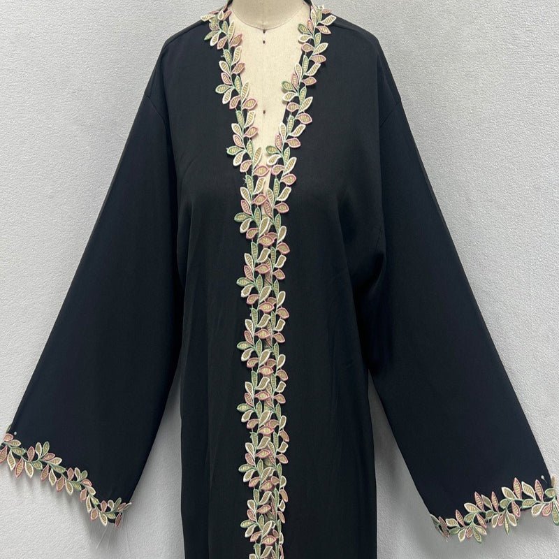 Gold Floral Embroidered Abaya — Metallic Embroidered Open Abaya