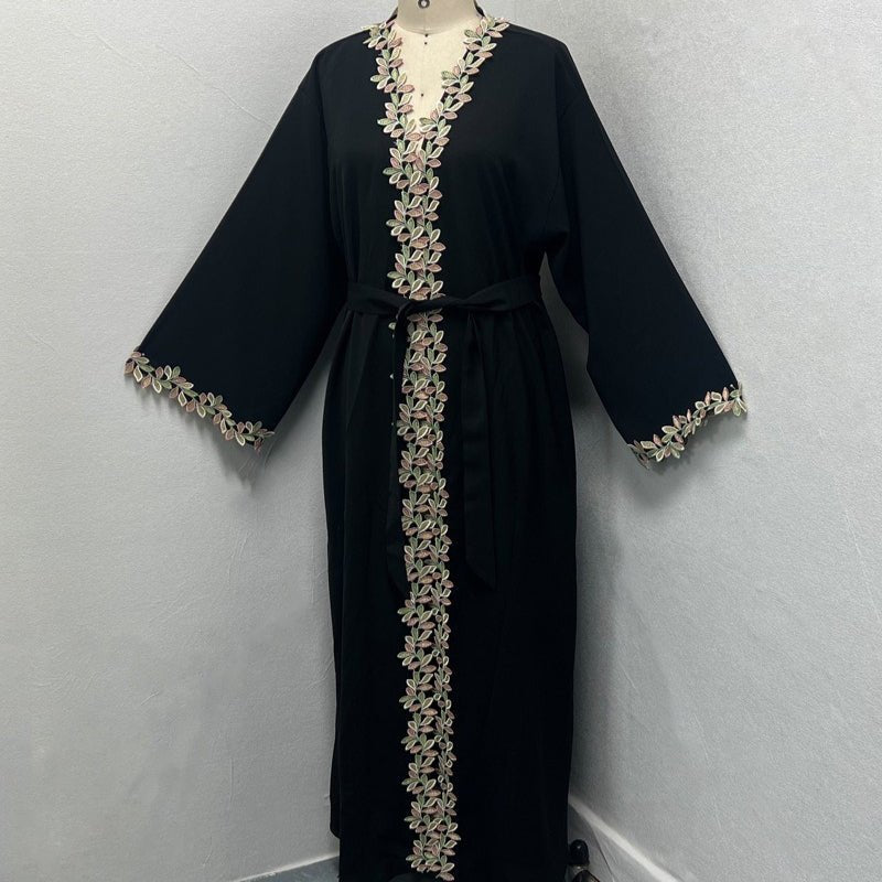 Gold Floral Embroidered Abaya — Metallic Embroidered Open Abaya