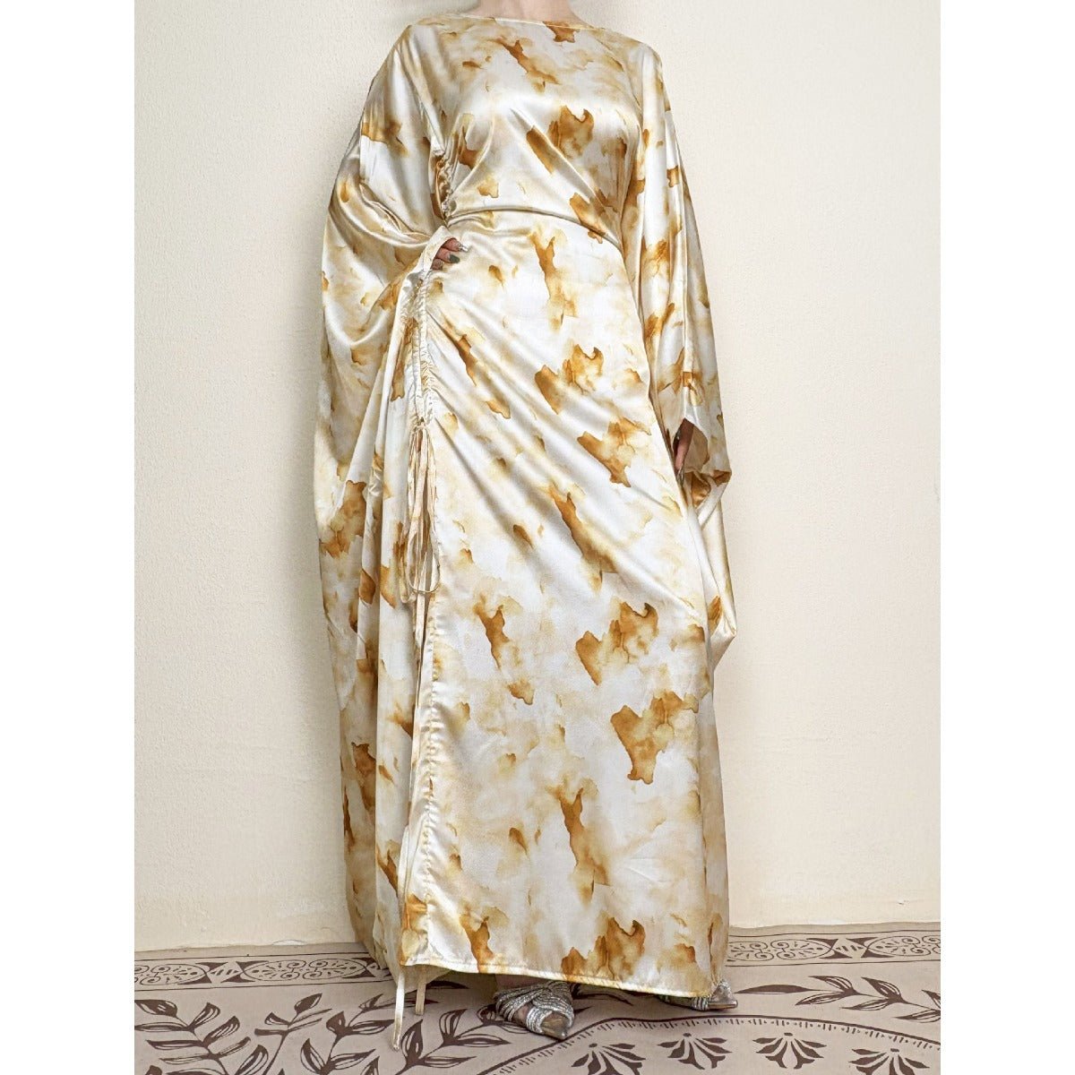 Golden Marble Print Satin Dress | Bell Sleeve Maxi with Adjustable Drawstring Waist. (MA244) - Mariam's Collection
