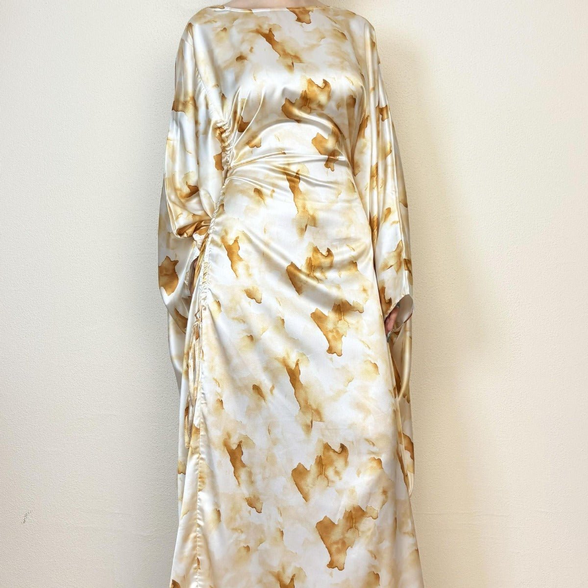 Golden Marble Print Satin Dress | Bell Sleeve Maxi with Adjustable Drawstring Waist. (MA244) - Mariam's Collection