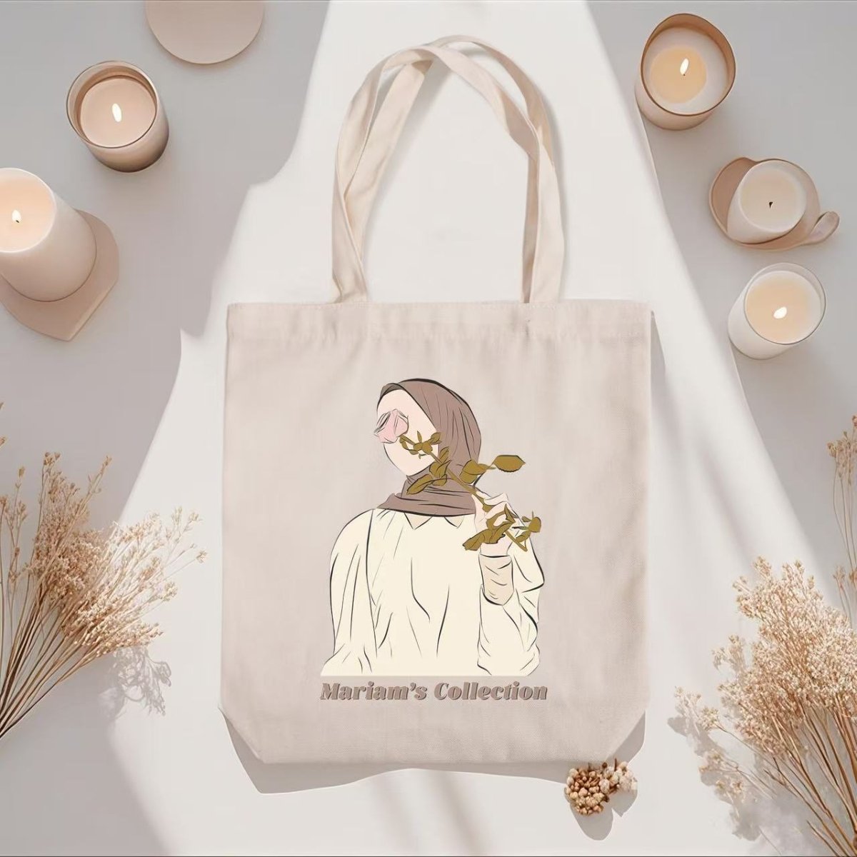 Graceful Modesty Trio – Pleated Hem Abaya, Floral Hijab & Hijabi Canvas Tote Bag Set - Mariam's Collection