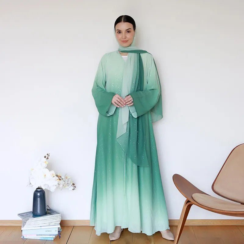 Gradient Glitter Chiffon Open Abaya 2 - Piece Set (MOA097) - Mariam's Collection