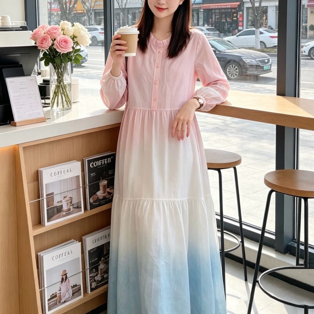 Gradient Tie-Dye Maxi Dress – Loose Ruffle Maxi Dress