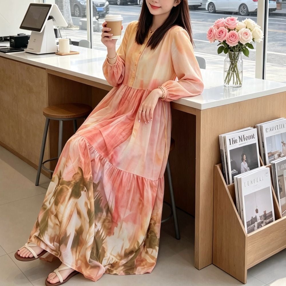 Gradient Tie-Dye Maxi Dress – Loose Ruffle Maxi Dress
