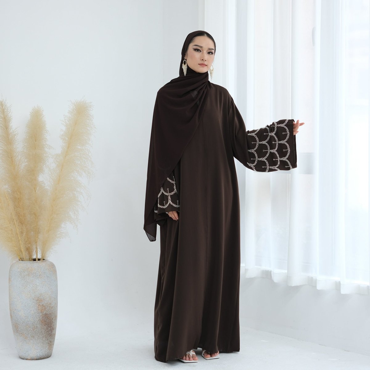 Hand - Beaded Abaya with Hijab | Scallop Pattern Embellished Cardigan (MOA249) - Mariam's Collection