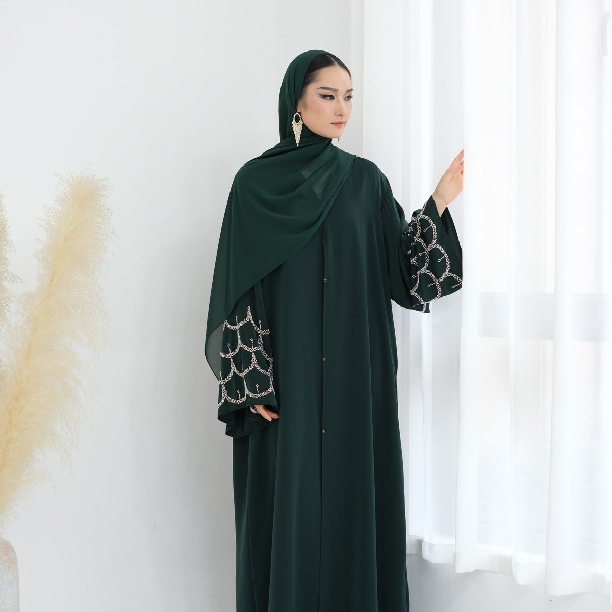Hand - Beaded Abaya with Hijab | Scallop Pattern Embellished Cardigan (MOA249) - Mariam's Collection